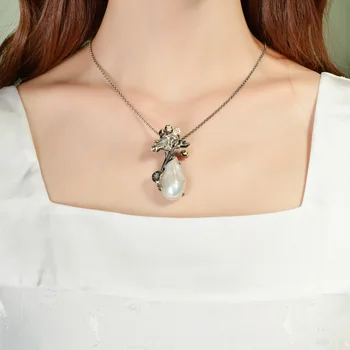 

Silvology 925 Sterling Silver Handmade Baroque Pearl Pendant Original Lotus Leaf Luxurious Pendant for Women Festival Jewelry
