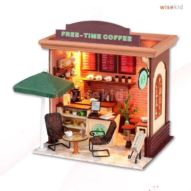 W92 Small Wood Doll House, Mimi Free time Coffee Bar, DIY Kits Cute