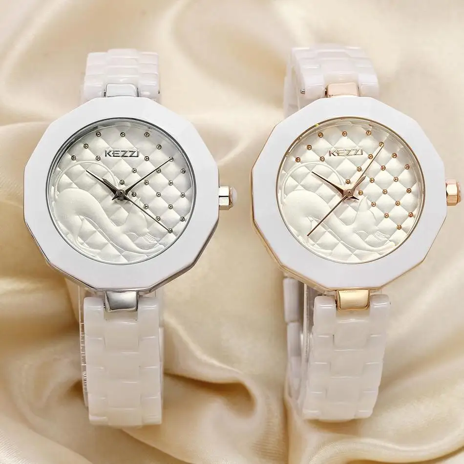 Brand KEZZI 30M Rivet Fabric Dial Little Woman Watch White Porcelain As