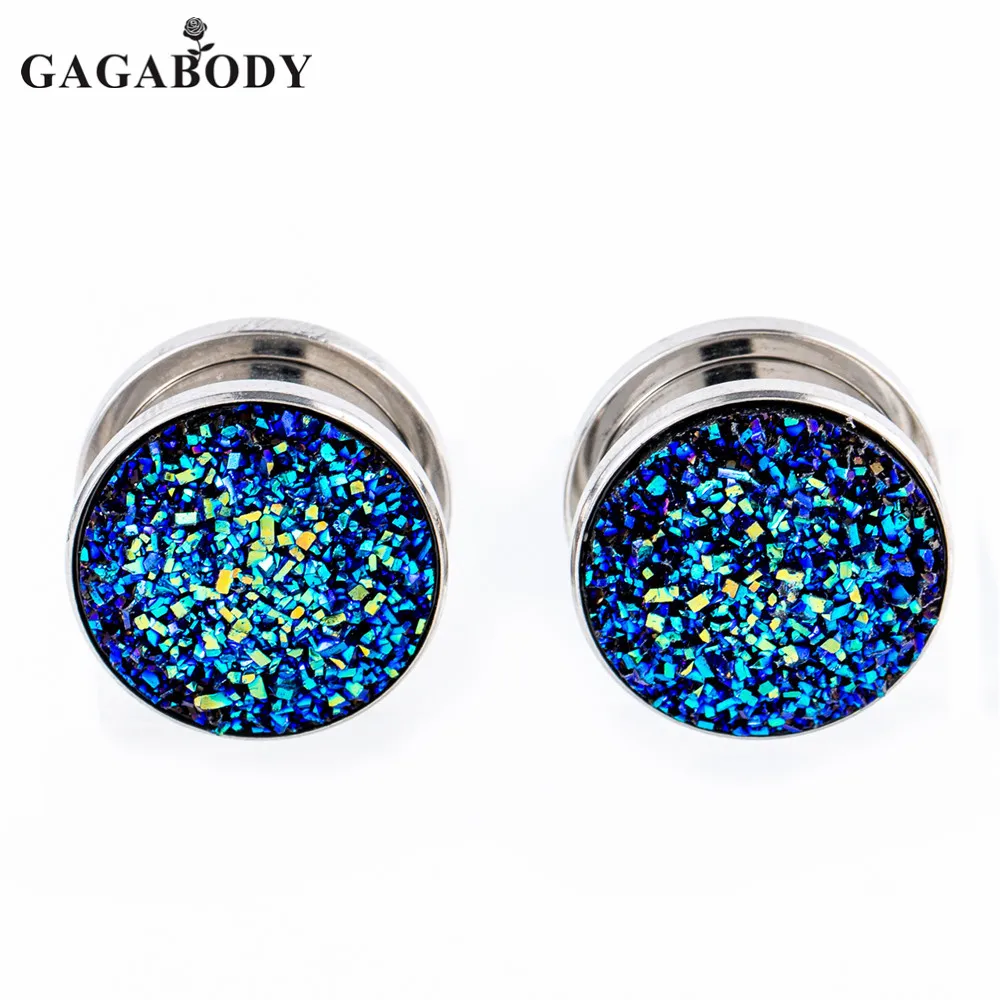 GAGA 1 Pair Round Earring Plug With Blue Resin Stainless Steel Ear
