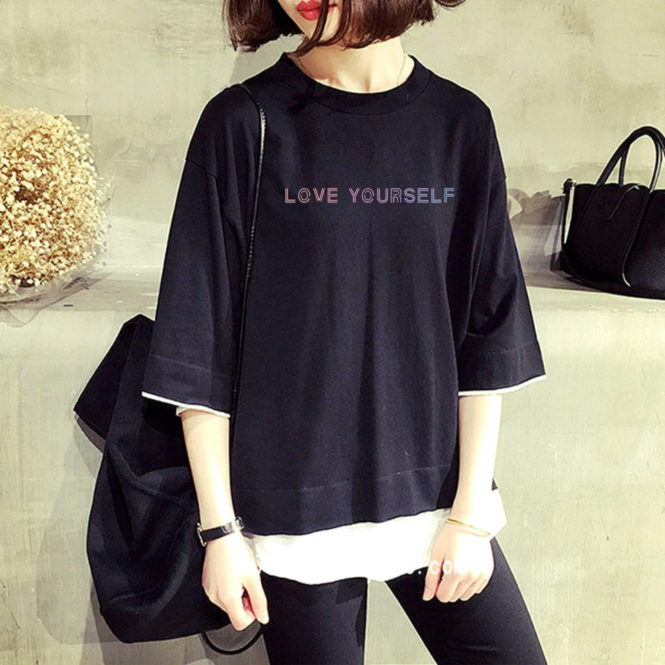 

New Korean Style Summer Harajuku T shirt Women Love Yourself Tear Shirt Half Sleeve O neck Tops and Tee Kpop T-shirts