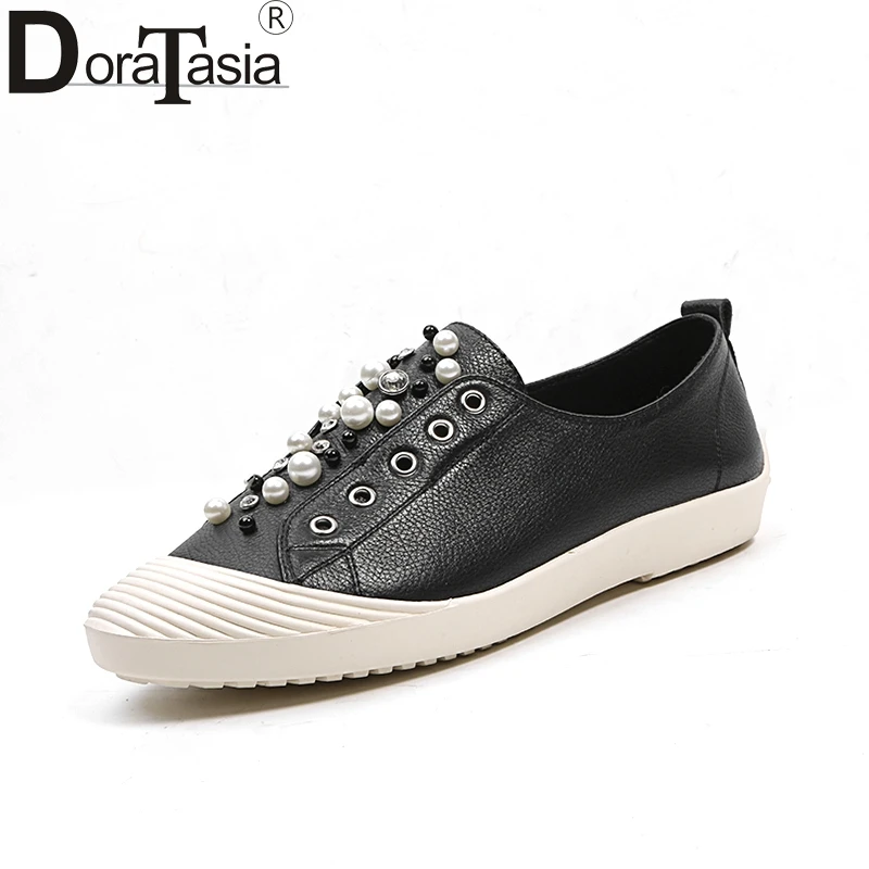 

DoraTasia Dropship Pearls Black White Brand Women Shoes Flats Spring Leisure Genuine Leather Flat With Scomfortable Flats Shoes