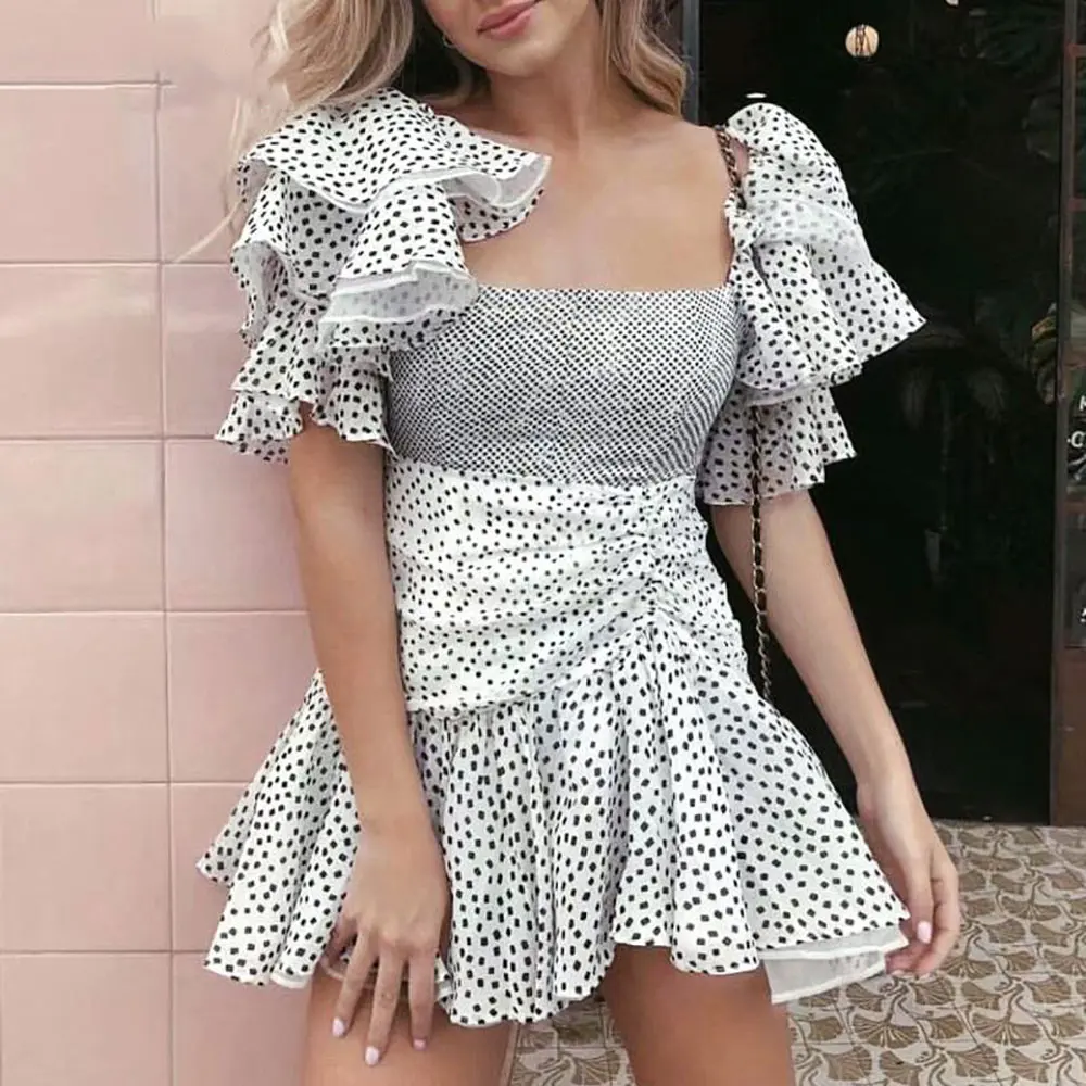 Золотые стрелки женские Бохо Ретро Хиппи короткие платья для вечеринок Vestidos Slash шеи Гофрированные Рукава пышное платье сексуальные платья в горошек с принтом