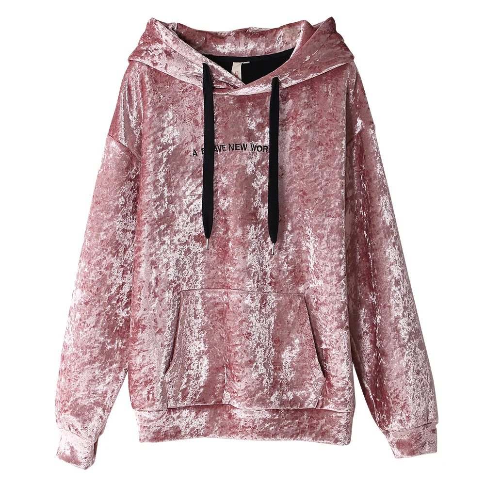 Toyouth Pink Velvet Hoodies 2019 Autumn Embroidery Letter Sweatshirts Women Long Sleeve Hooded Trac