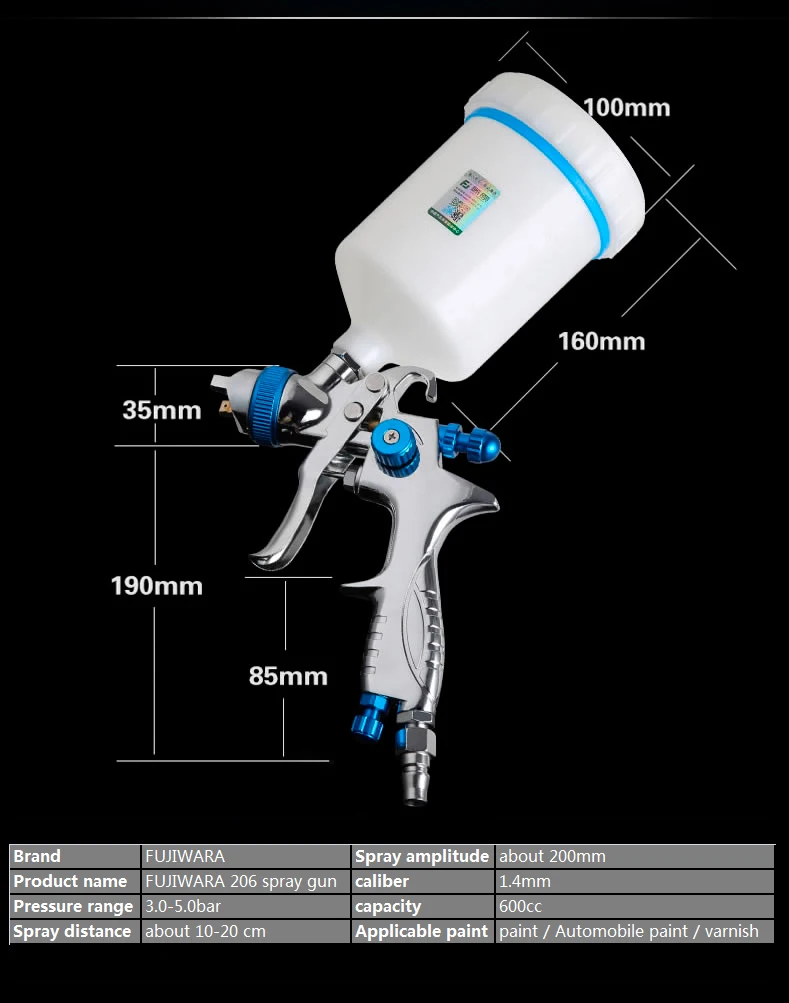 Фудзивара 206 пневматический пистолет-распылитель для лака 1,4/1,7 мм Насадка высокого распыления большой емкости краскопульт 600 мл/1000 мл