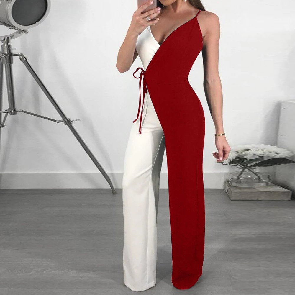 Yuyou Women Wide Leg Long Pants Jumpsuits Sleeveless Patchwork With Belted Jumpsuit Romper Woman Casual Overalls