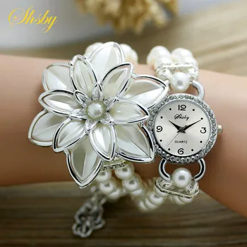 shsby fashion Women Rhinestone Watches Ladies pearl strap Many petals flower bracelet quartz wristwatches women dress watches stylish rhinestone flower leaf bracelet for women