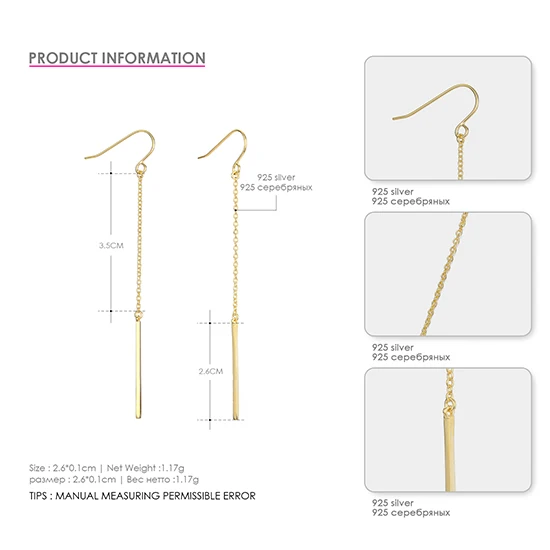 E-Manco 925, серебряные серьги с подвеской на цепочке, длинные серьги для женщин, Новое поступление, простые серьги, EMER038 - Цвет камня: EMER038-2 Gold