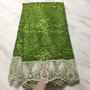 

2019 High Quality French 3D Tulle Green Gold Line African Lace Fabric Beads Embroidered Nigerian Lace Fabrics For Wowen Dress