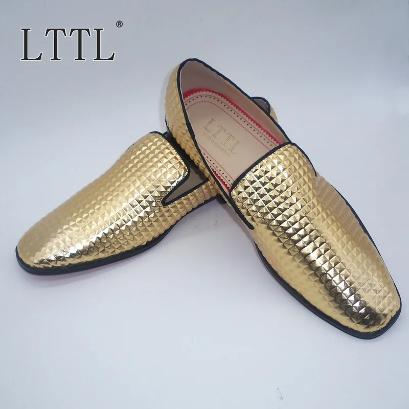 Trend  Size 38-47 Gold Plaid Patent Leather Men Loafers Luxury Slip On Men Dress Shoes Italian Fashion Men 