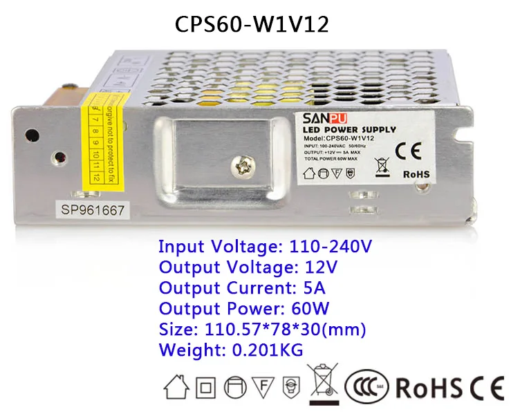IP20 ультра тонкий 5 В/12 В/24 В 60 Вт/100 Вт/150 Вт/250 Вт/300 Вт/350 Вт/400 Вт светодиодный трансформатор Светодиодный импульсный источник питания для светодиодный дисплей s - Цвет: 12V   60W