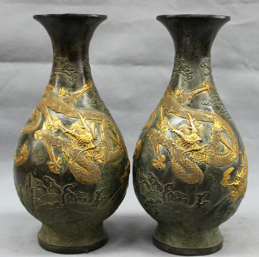 

Collectible bronze S1359 10" Marked Chinese Copper Bronze Gilt Buddhism Folk Dragon Head Statue Pot Vase