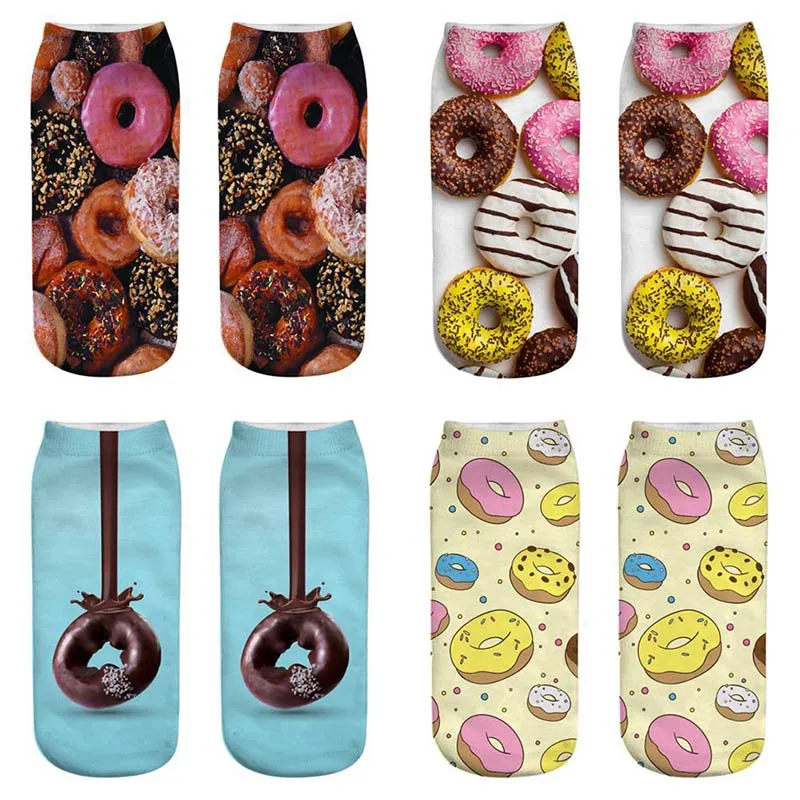 Харадзюку еда, Пончик, носки с принтом, мужские и женские модные короткие носки с 3D принтом, повседневные носки