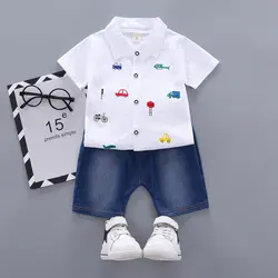 Одежда для малышей Одежда для мальчиков летняя повседневная футболка с короткими рукавами и рисунком автомобиля Топы + джинсовые шорты