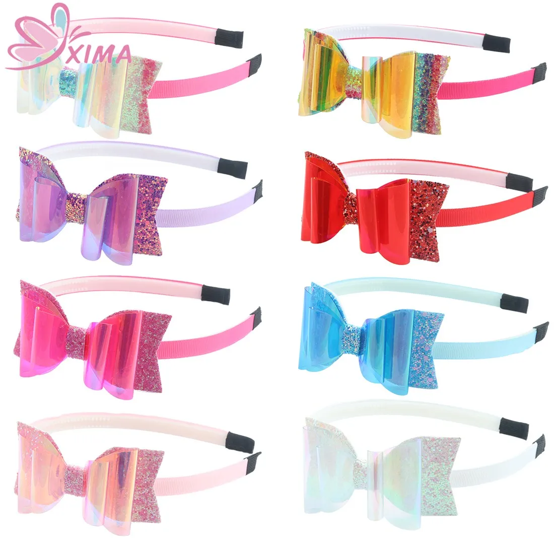 

XIMA 8pcs/lot 3.5inch Rainbow Glitter Hair Bow Headband Girls PVC Leather Bows Hairband Kids Children Hair Accessories