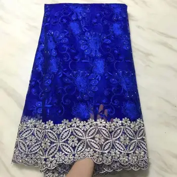 

High Quality Beads Embroidery African Lace Fabric Cord French Net Lace Tulle Nigerian Lace Fabric Guipure Royal blue Lace