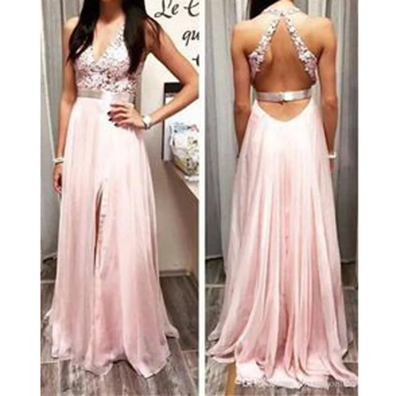 

Elegant Pink 2018 Off Shoulder Halter Prom dresses Long with Appliques Backless Keyhole Chiffon Evening Prom Dress for Women