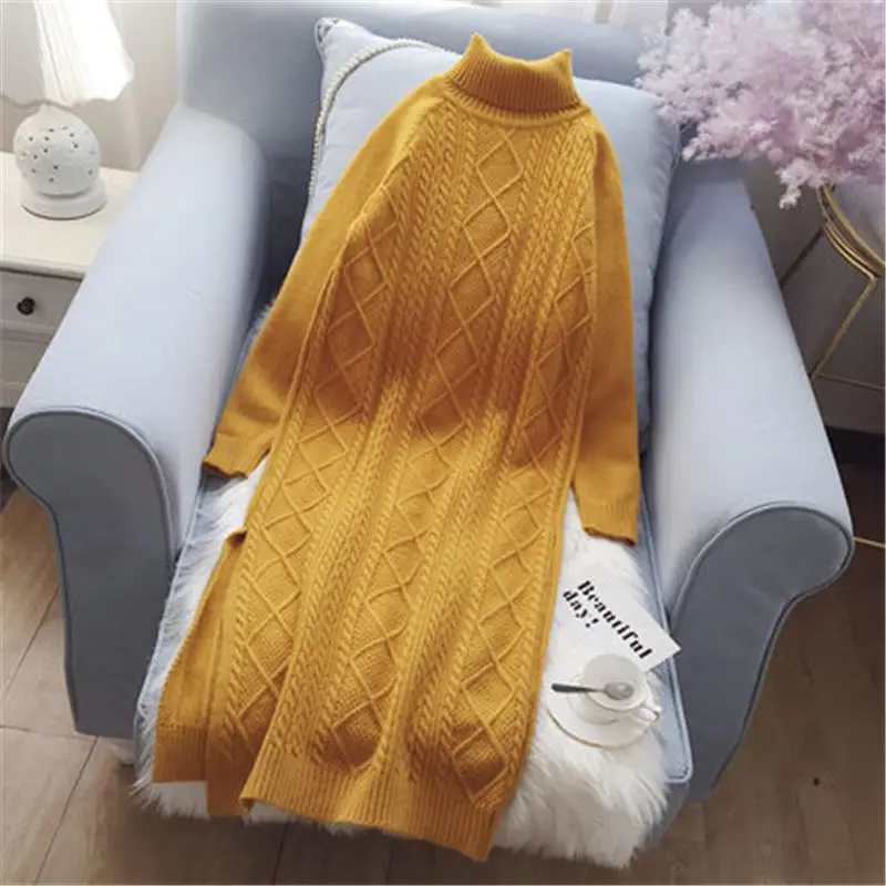 Модные свитера с высоким воротом, женские пуловеры на осень и зиму, корейское свободное вязаное платье, новинка, платье-свитер X123 - Цвет: yellow