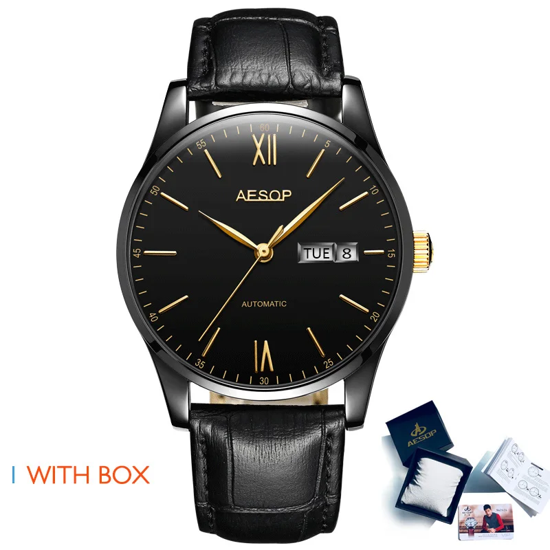 AESOP ультра тонкие золотые часы для мужчин автоматические механические мужские наручные часы наручные кожаные мужские часы Relogio Masculino - Цвет: Gold black Box