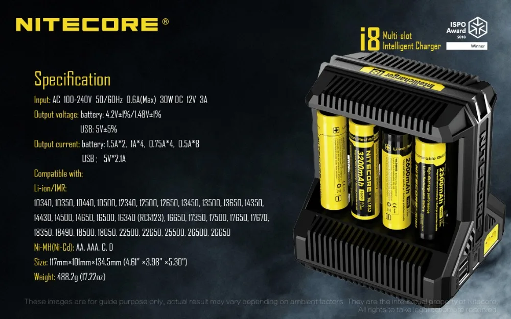 Nitecore i8 интеллектуальные Зарядное устройство 8 всего Слоты 4A Выход Smart Зарядное устройство для IMR18650 16340 10440 AA AAA 14500 26650 и устройство USB