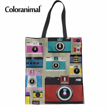 

Coloranimal Women's Foldable Handbags Fashion Casual Canvas Reuable Cotton Tote Bag Camera Print Girl School Bag Shopper Bag New