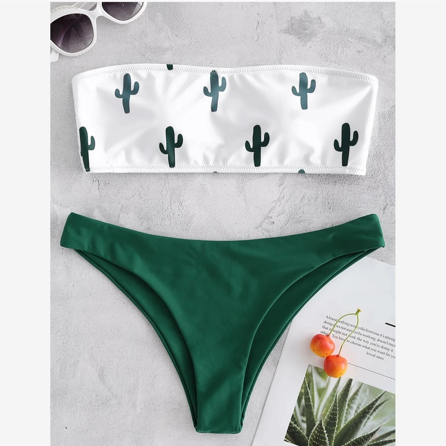 

2019 New Sexy Bandeau swimwear green push up swimsuit female Cactus Print bikini bathing suit beach bathers Biquini micro set