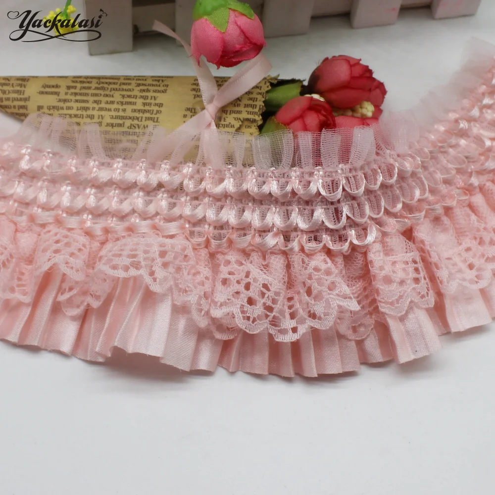 

Stretchy Lace Ruffled Pink Chiffon Ribbons Braided 1 Yds Elastic Pleated Lace Sewing Apparel Trims Satin Fabric 7.8CM