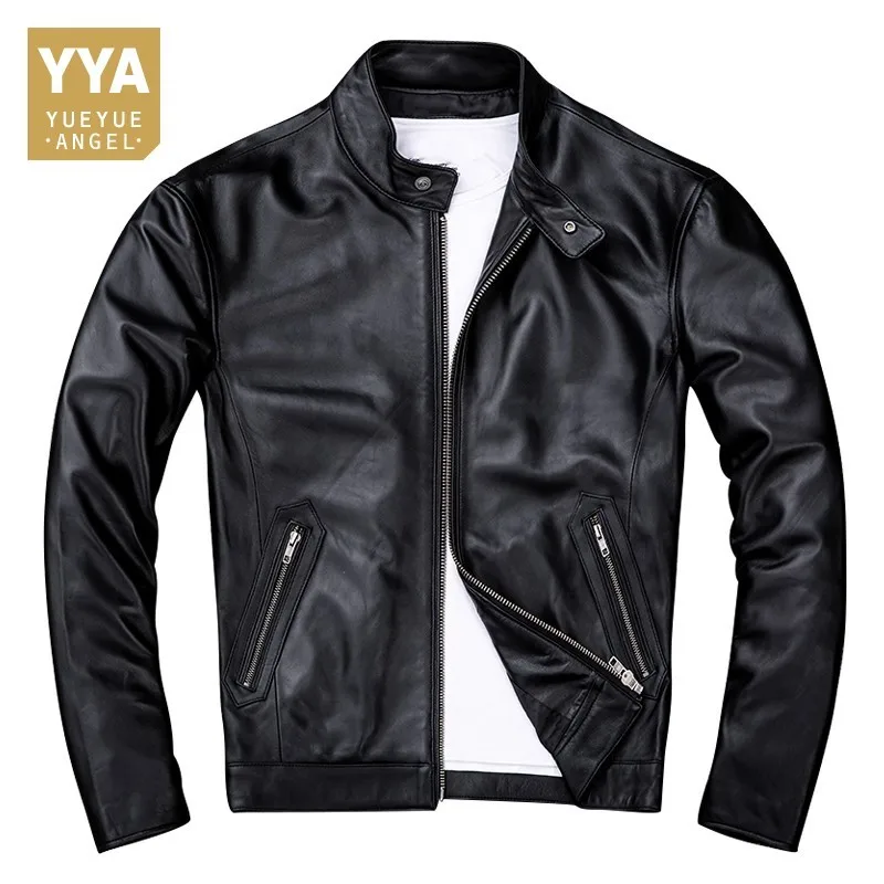 

Black Real Leather Jacket Men Fashion Moto Mens Jackets Large Size 4XL Stand Zipper Sheepskin Coat Autumn Outwaer Free Shipping