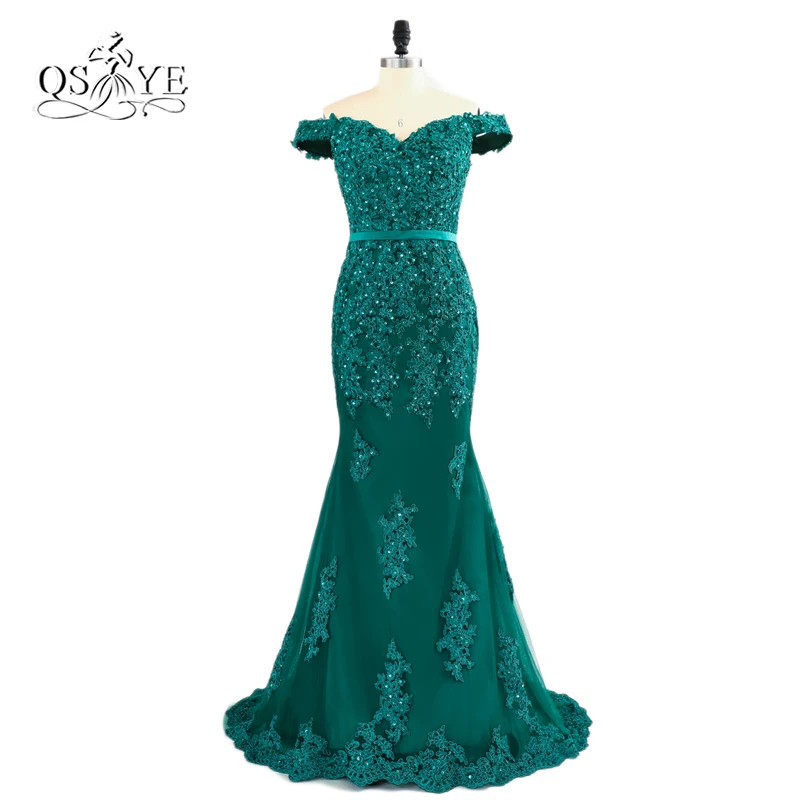 

Teal Green Off The Shoulder Prom Dresses 2018 Modest Robe De Soiree Mermaid Style Beading Tulle Formal Evening Gowns Party Dress