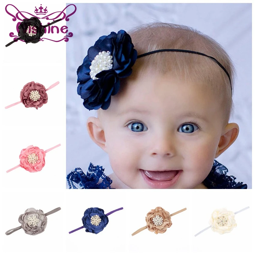 

Nishine 1PC Artificial Fabric Burned Flower With Pearl Rhinestone Headband Elastic Girls Satin Flower Head Bands
