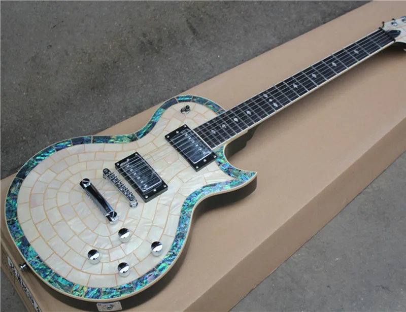 Free Shipping Electric Guitar with Colorful Abalone Binding,White Shell