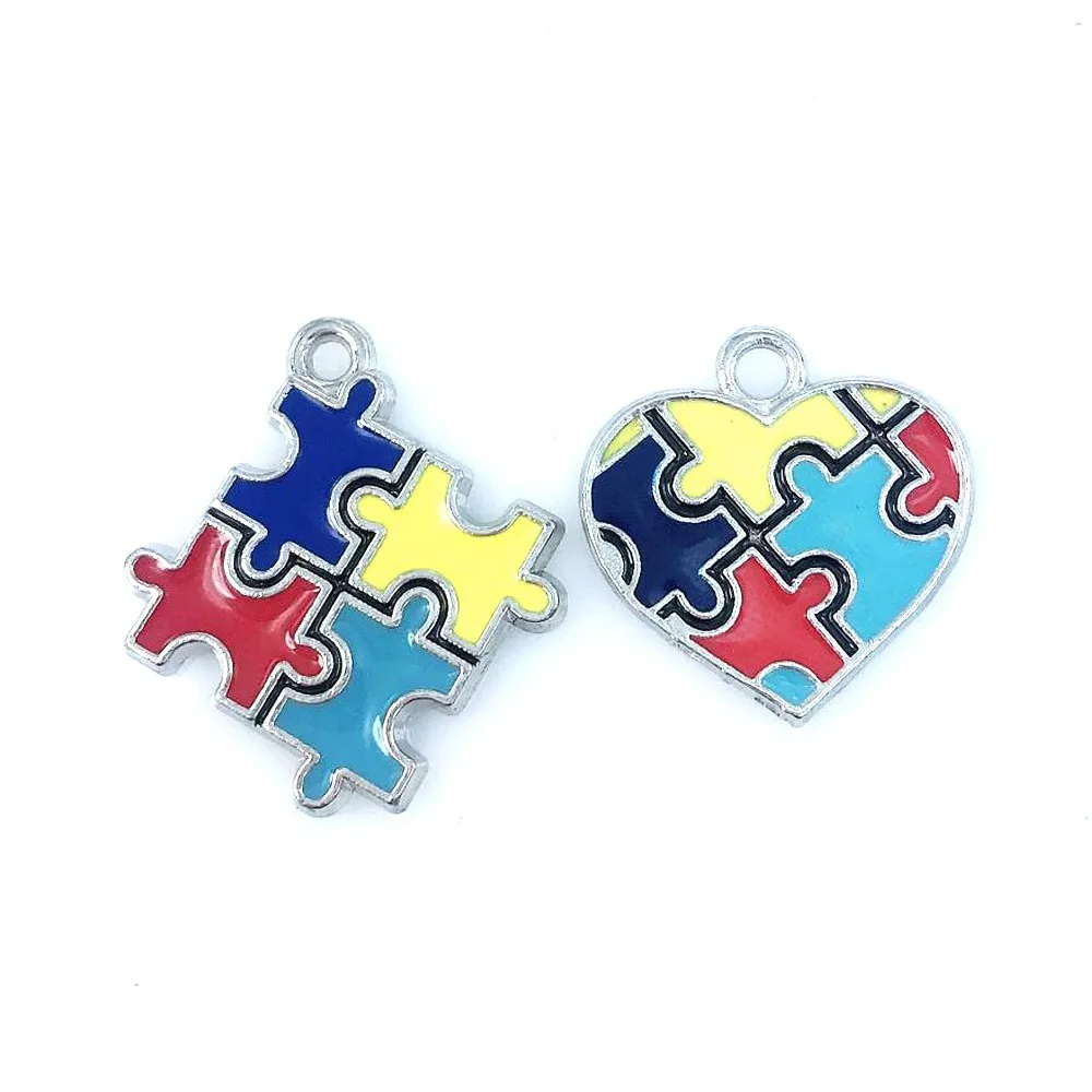 

Hot selling Color Enamel Autism Awareness Jigsaw heart /Puzzle Piece Dangle Charms pendant Fit DIY Necklace Bracelet Jewelry
