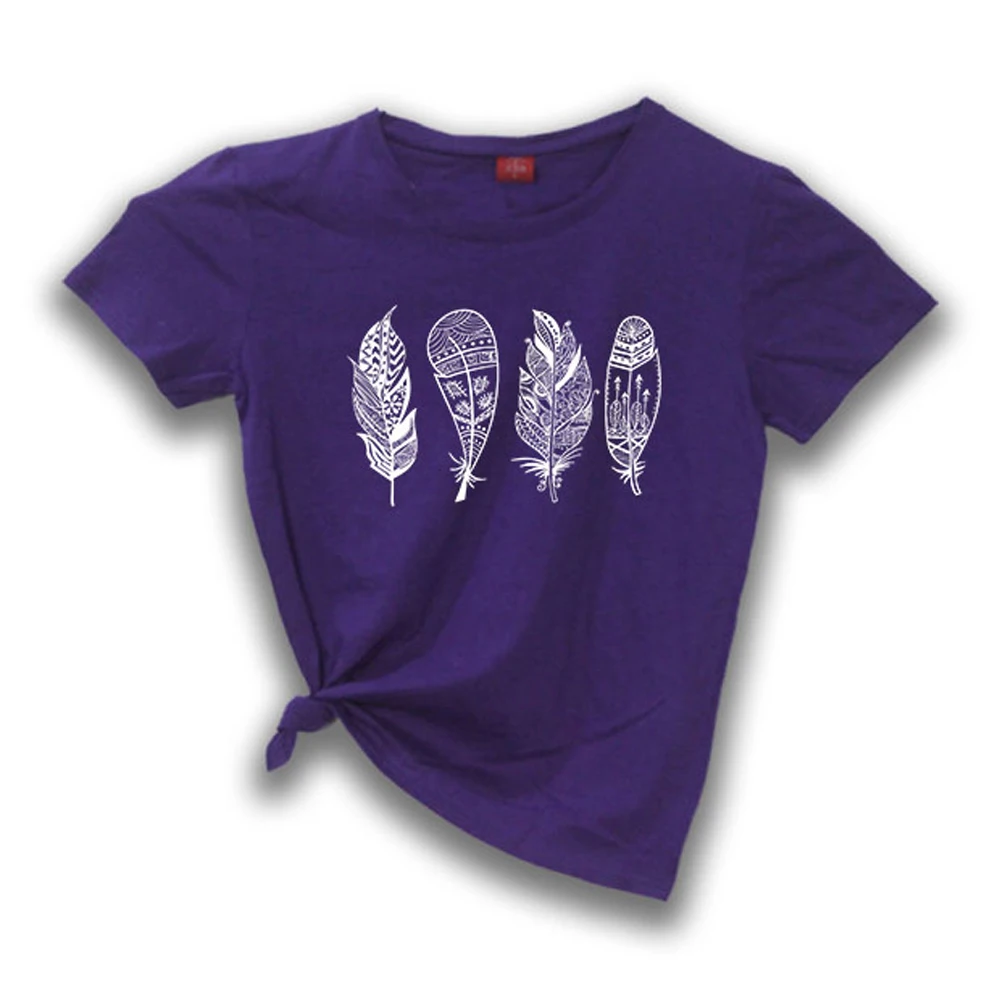 10 цветов, летняя женская футболка с круглым вырезом и коротким рукавом, повседневная женская футболка с принтом в виде листьев и перьев, футболки для студентов