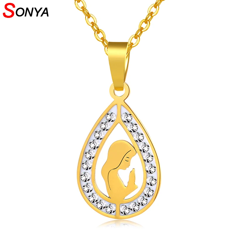 

SONYA Virgin Mary Necklace Stainless Steel For Women Jewelry Gold/Steel Color Crystal Water Drop Necklaces Jewelry Gift Bijoux