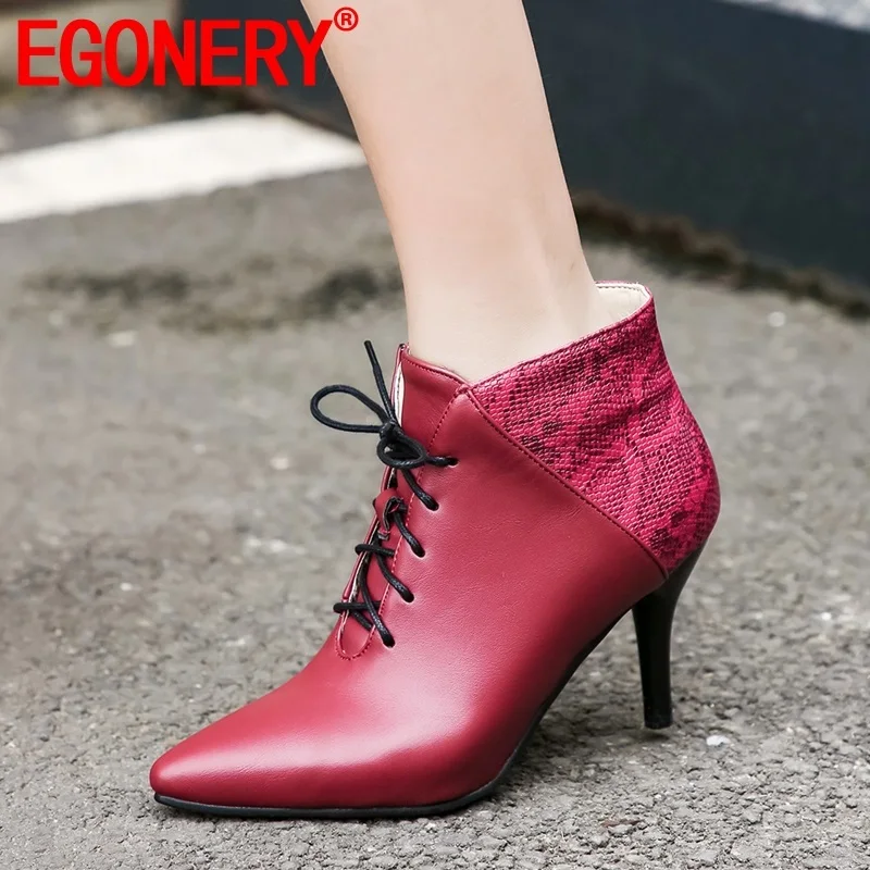 

EGONERY winter new fashion sexy pointed toe ankle boots outside super high heels cross-tied plus size woman shoes drop shipping
