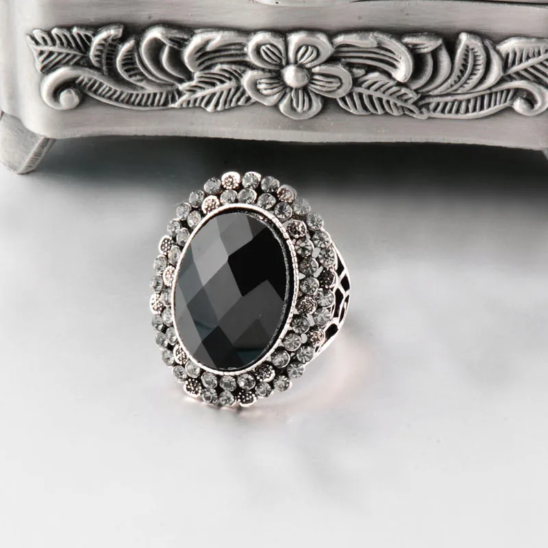SINLEERY винтажные черные акриловые овальные большие кольца Античные Серебро Цвет крошечные кубические циркония объемные женские кольца, бижутерия JZ160 SSB