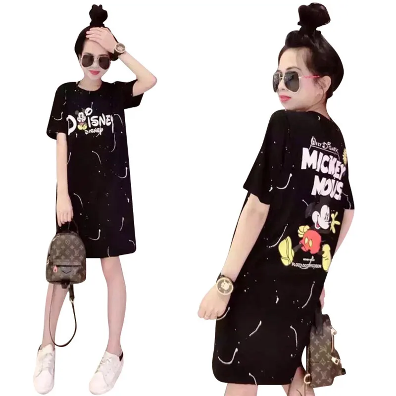 

Mickey Printed Women Dress Front and Back Cute Cartoon Short Sleeve Round Neck Solid Color Plus Size Cotton Female Mickey Dress