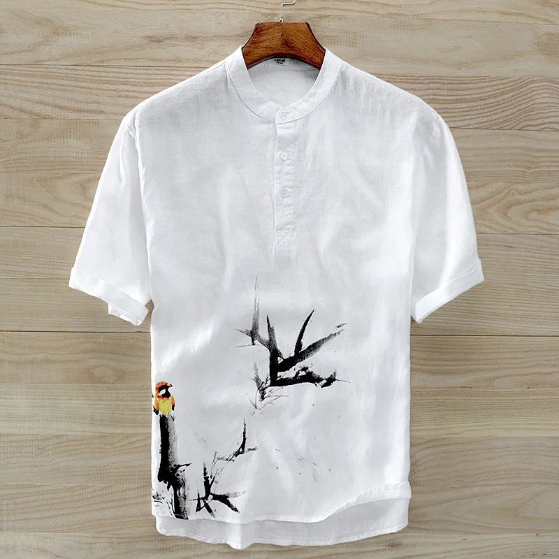 

2018 New Men Fashion Brand Summer Chinese Style Ink Painting Print Linen Short Sleeve T-shirt Male Casual Tshirt Import Cloth