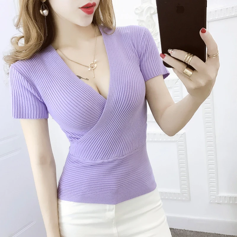 Sweater Sexy V-Neck Tops 2018 Summer Women Sweaters And Pullovers Korean Style Short Sleeve Femme High Elastic Knitted Shirt Red