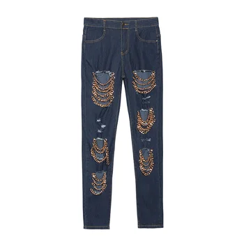 

2019 Waist Women Jeans Burst Women's Hole Chain Fashion Cool Jeans Pants Denim Pants Femme Boyfriend for Women Plus Size