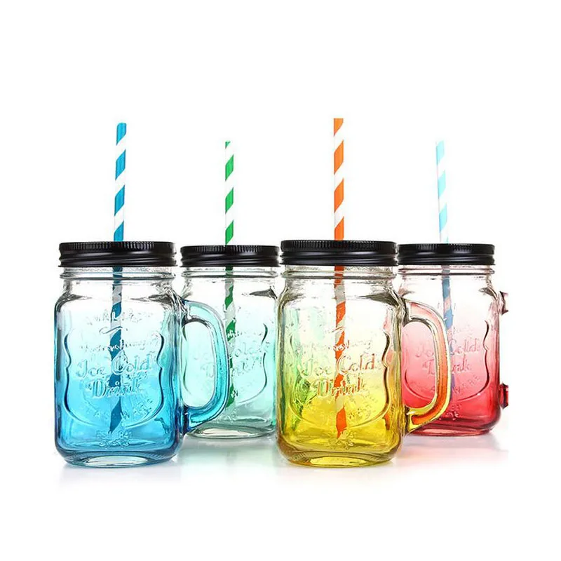 

450ml Summer letters Vintage Glass Mason Jar Cup Fruit Icecream Infusion Clear Gradients Personality Four Style Cold Drink Cups
