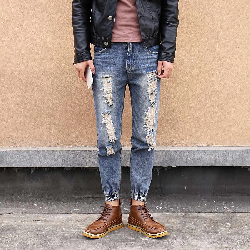 

Fashion ripped skinny jeans men's personality rock style jean pants homme slim fit pants for men distressed calca jeans