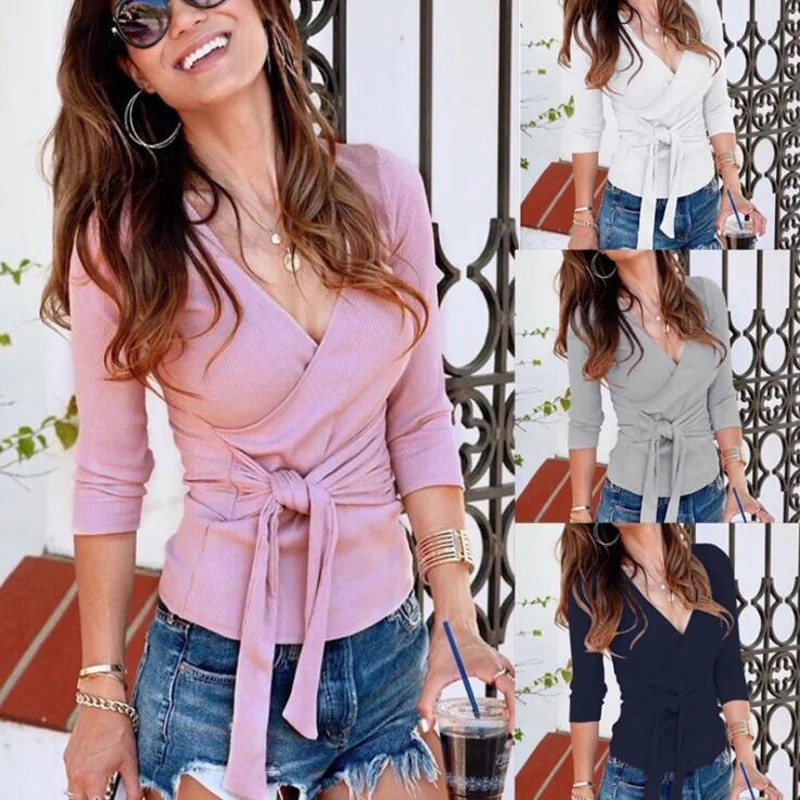 

2019 new fashion women's cross strap long-sleeved shirt casual t-shirt