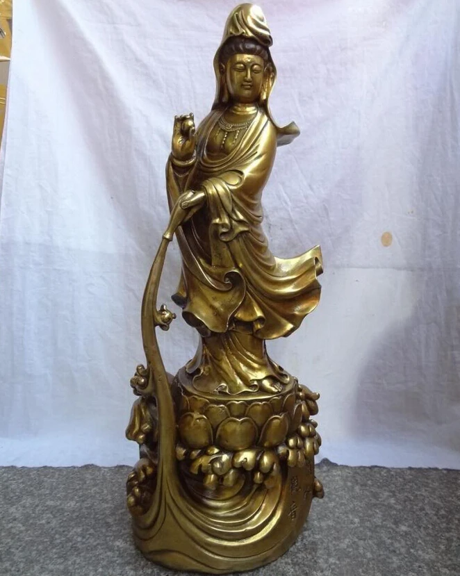 

USPS to USA S1319 26" Chinese Bronze Gilt Buddhist Lotus Stand Kwan-Yin Guan Yin Pot Ball Statue B0401