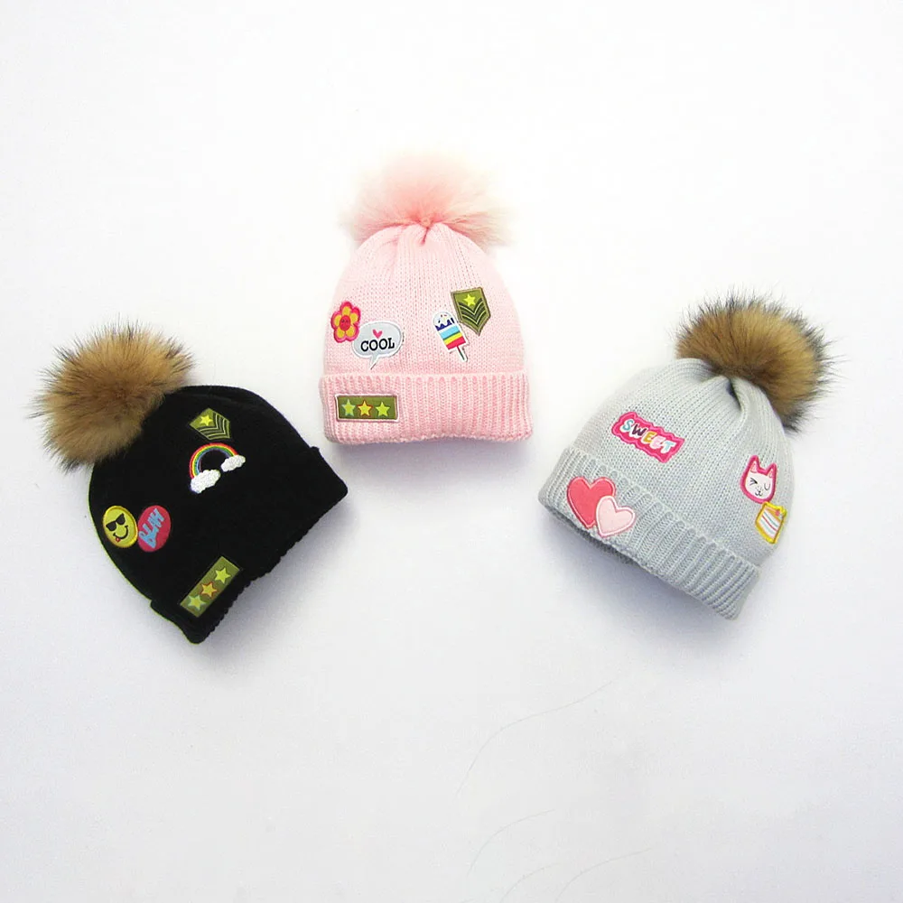 

Cute Toddler Kids Hats Girls Boy Baby Winter Warm Crochet Knit Hate Fur Pom Pom Cap Children's Caps 1030