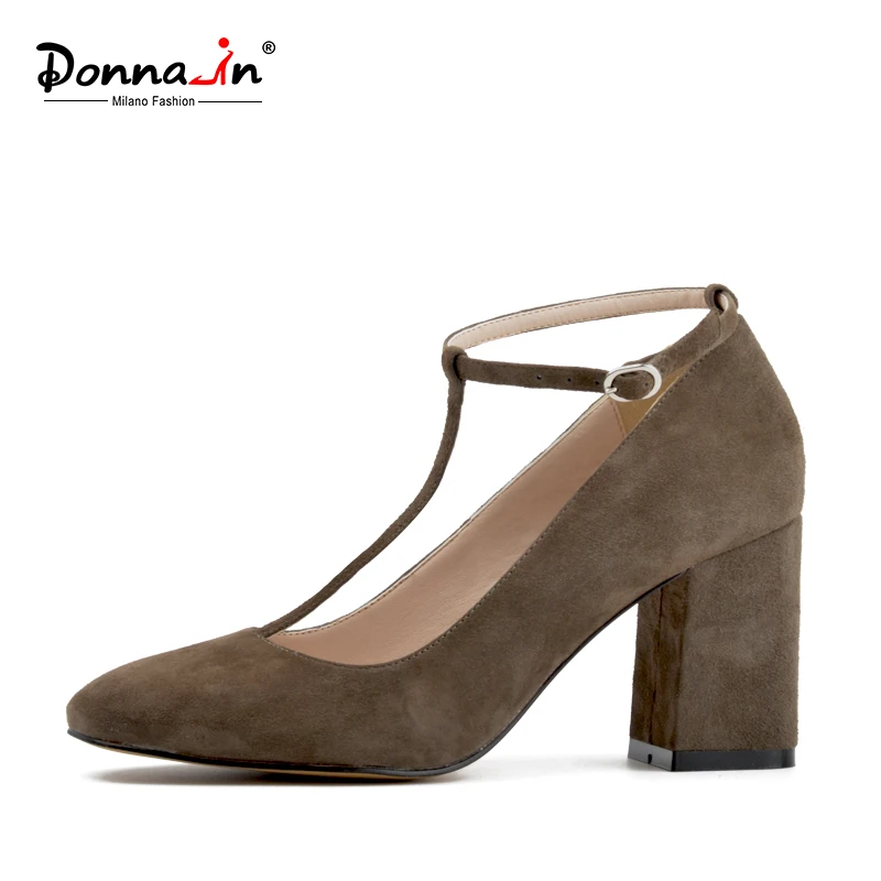 

Donna-in Genuine Leather Pumps Square Toe High Heel Buckle Fashion Elegant Comfortable Female 2018 Designer Women Shoes