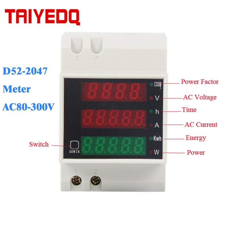 D52-2047 ваттметр din-рейка вольт измеритель тока активный коэффициент мощности цифровой измеритель AC80-300V Многофункциональный измеритель мощности кВтч 0-100A