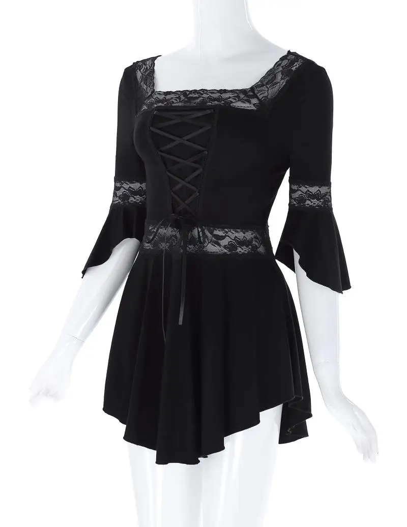 

Ladies Victorian Gothic Magical Renaissance Irregular Hem Cotton Lace Tops Black