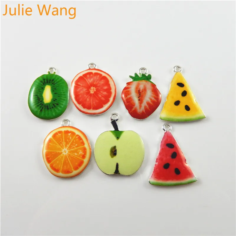Julie Wang, 10 шт., сплав, эмаль, фрукты, апельсин, яблоко, арбуз, ожерелье, подвеска, серьги, браслет, подвески, ручная работа, ювелирное изделие, сделай сам - Окраска металла: Mixed Fruit