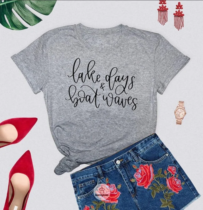 Fashion Women S T Shirt Lake Days And Boat Waves Graphic